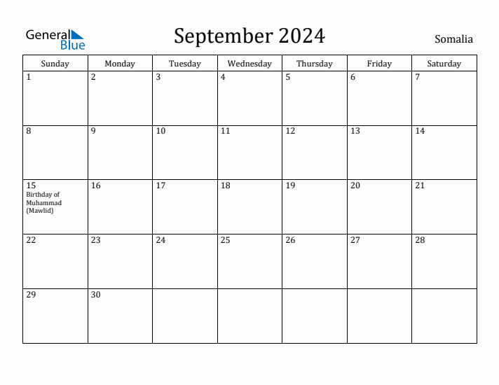 September 2024 Calendar Somalia