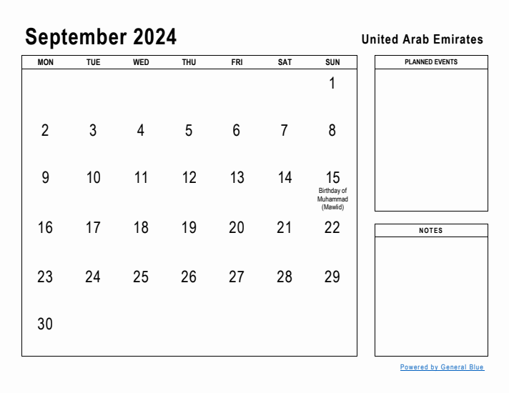 September 2024 Printable Monthly Calendar with United Arab Emirates Holidays