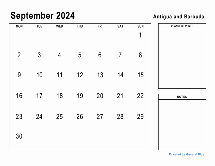 September 2024 Printable Monthly Calendar with Antigua and Barbuda Holidays