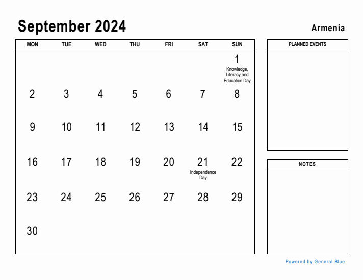 September 2024 Printable Monthly Calendar with Armenia Holidays