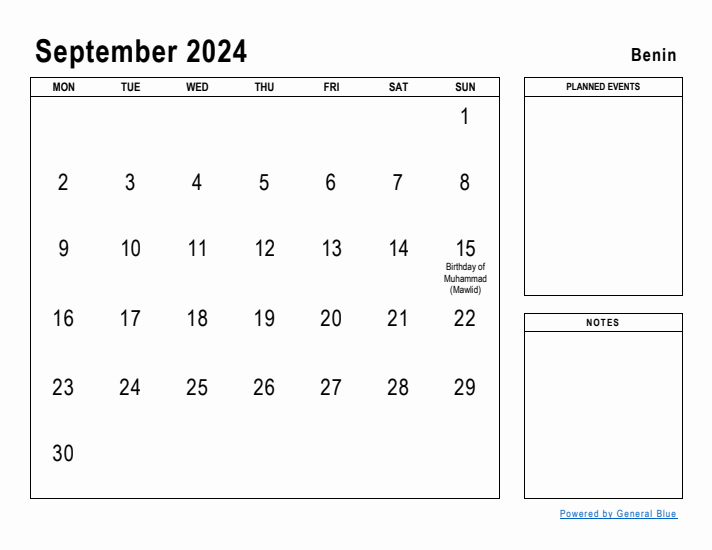 September 2024 Printable Monthly Calendar with Benin Holidays