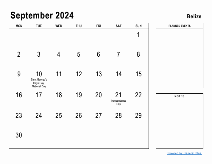 September 2024 Printable Monthly Calendar with Belize Holidays