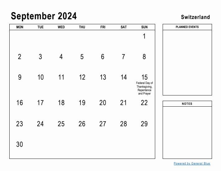 September 2024 Printable Monthly Calendar with Switzerland Holidays