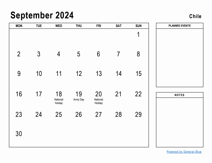 September 2024 Printable Monthly Calendar with Chile Holidays