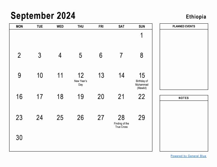 September 2024 Printable Monthly Calendar with Ethiopia Holidays