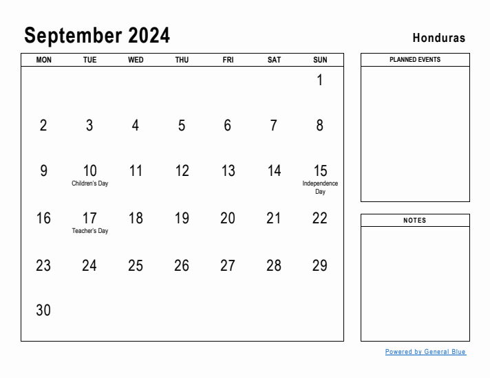 September 2024 Printable Monthly Calendar with Honduras Holidays