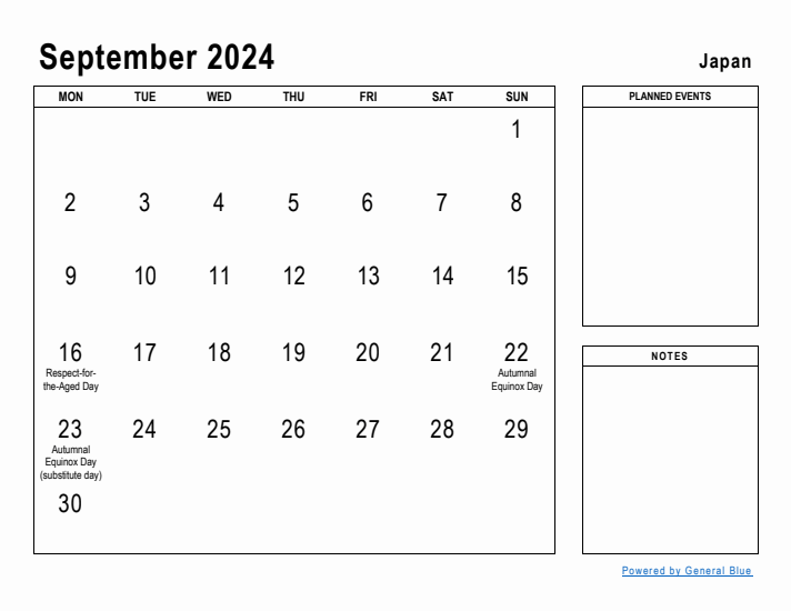 September 2024 Printable Monthly Calendar with Japan Holidays