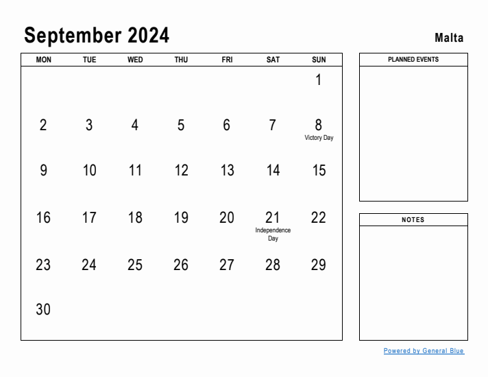 September 2024 Printable Monthly Calendar with Malta Holidays