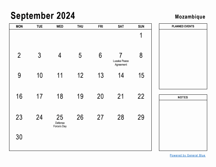 September 2024 Printable Monthly Calendar with Mozambique Holidays