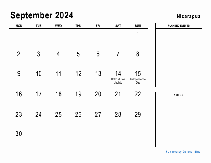 September 2024 Printable Monthly Calendar with Nicaragua Holidays