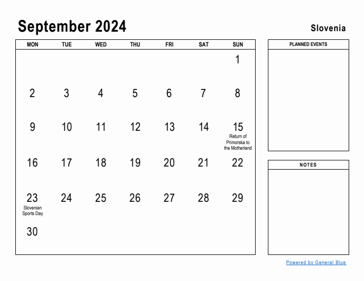 September 2024 Printable Monthly Calendar with Slovenia Holidays