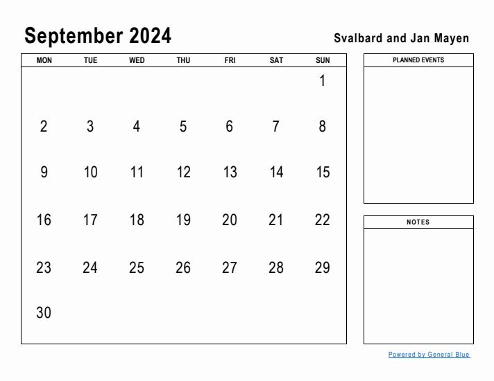 September 2024 Printable Monthly Calendar with Svalbard and Jan Mayen Holidays