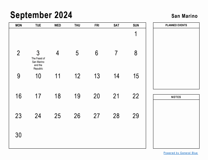 September 2024 Printable Monthly Calendar with San Marino Holidays