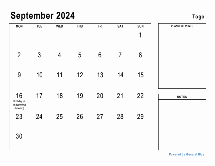 September 2024 Printable Monthly Calendar with Togo Holidays