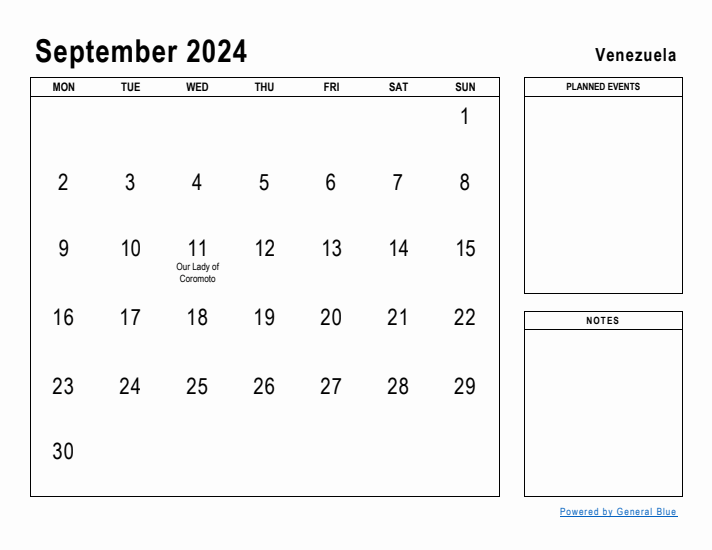 September 2024 Printable Monthly Calendar with Venezuela Holidays