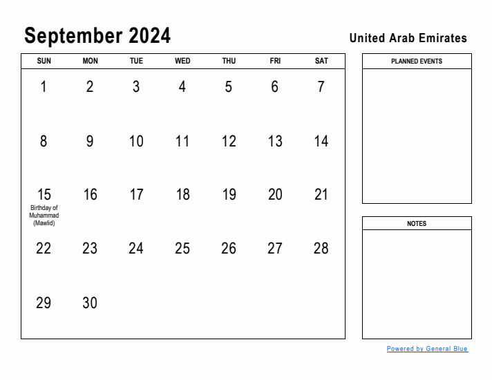 September 2024 Printable Monthly Calendar with United Arab Emirates Holidays