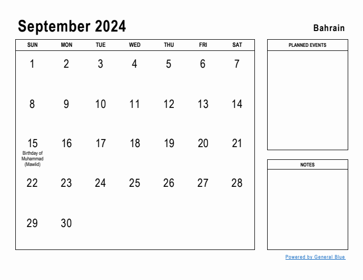 September 2024 Printable Monthly Calendar with Bahrain Holidays