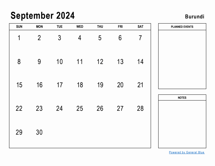 September 2024 Printable Monthly Calendar with Burundi Holidays