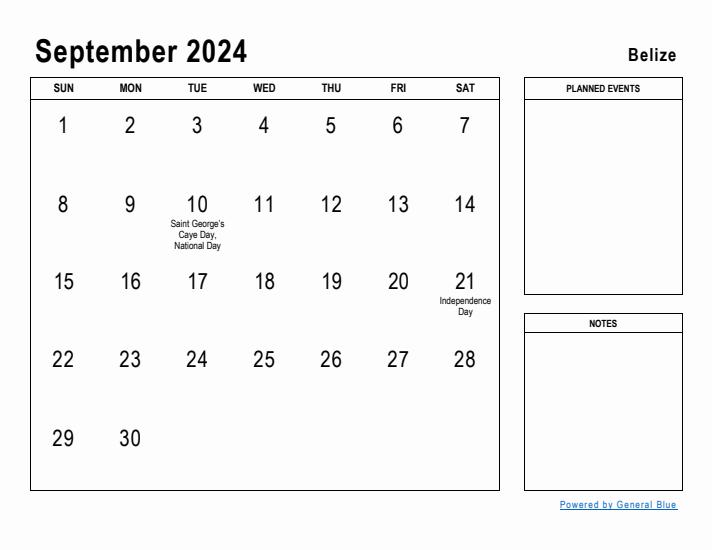 September 2024 Printable Monthly Calendar with Belize Holidays