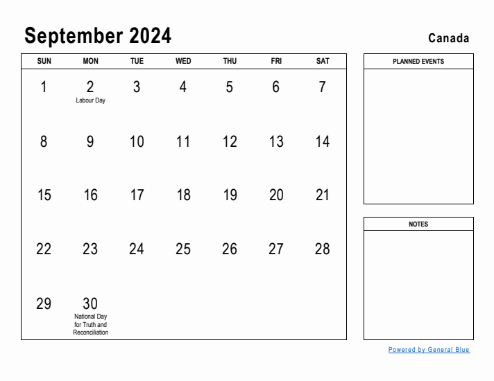 September 2024 Printable Monthly Calendar with Canada Holidays