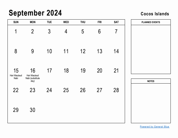 September 2024 Printable Monthly Calendar with Cocos Islands Holidays