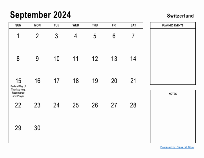 September 2024 Printable Monthly Calendar with Switzerland Holidays