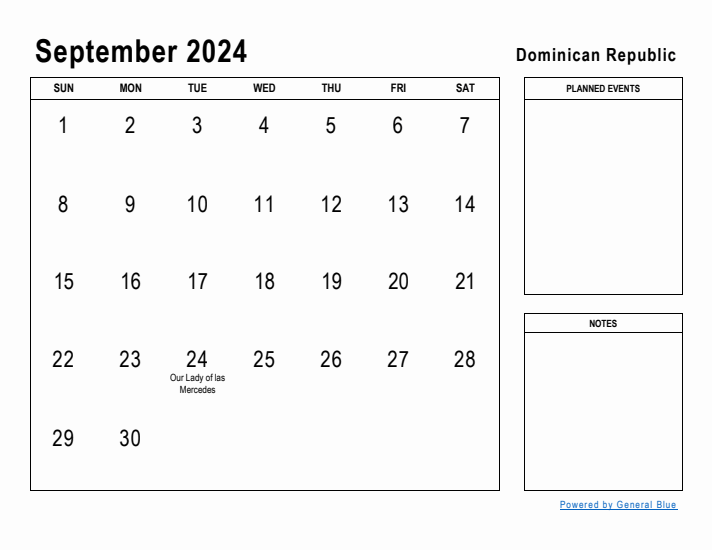 September 2024 Printable Monthly Calendar with Dominican Republic Holidays