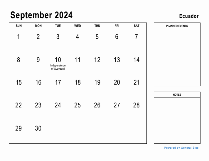 September 2024 Printable Monthly Calendar with Ecuador Holidays