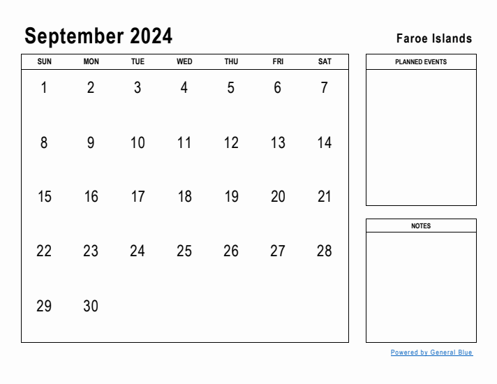 September 2024 Printable Monthly Calendar with Faroe Islands Holidays