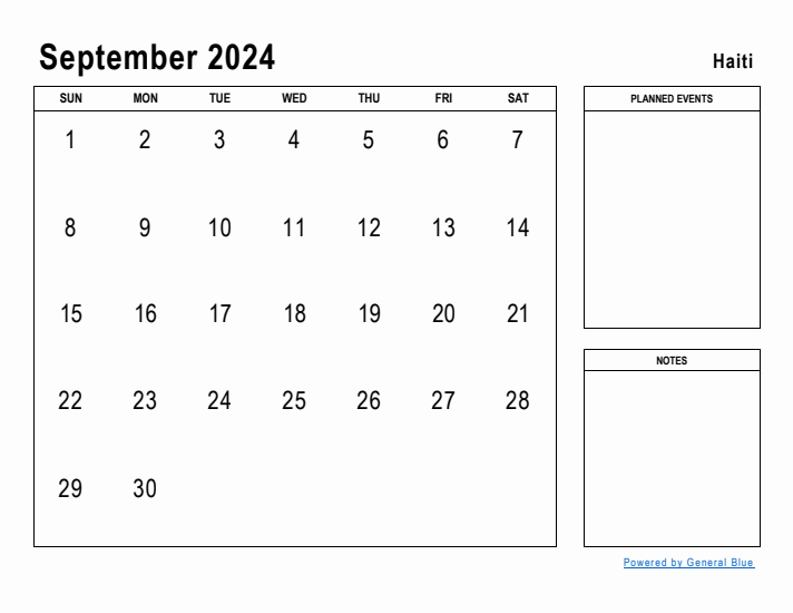 September 2024 Printable Monthly Calendar with Haiti Holidays