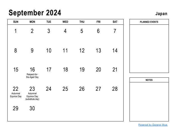 September 2024 Printable Monthly Calendar with Japan Holidays