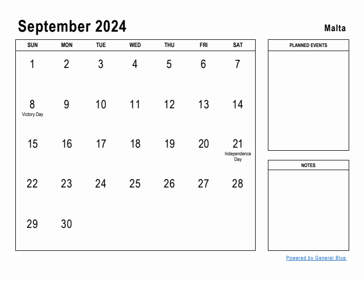 September 2024 Printable Monthly Calendar with Malta Holidays