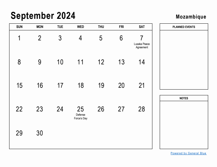 September 2024 Printable Monthly Calendar with Mozambique Holidays