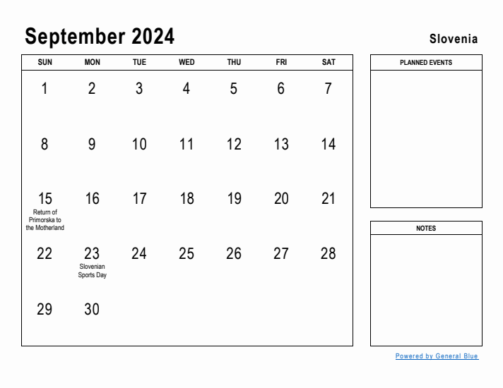 September 2024 Printable Monthly Calendar with Slovenia Holidays