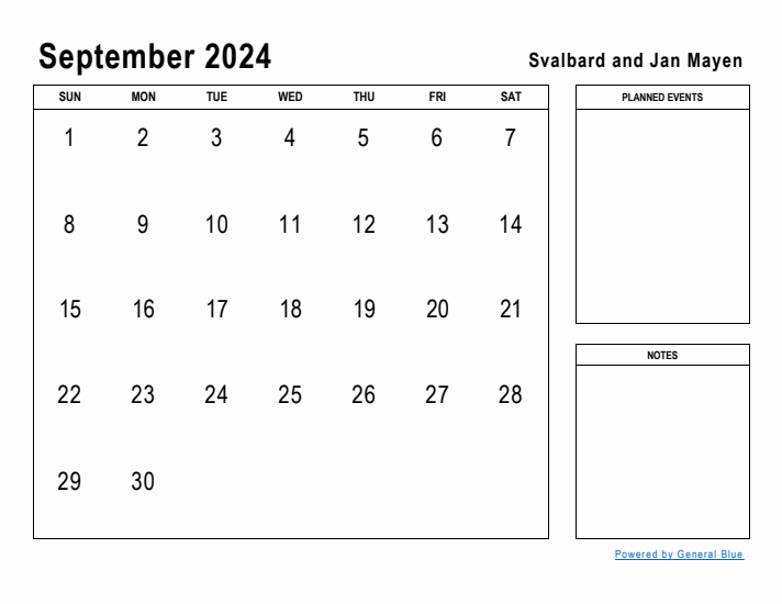 September 2024 Printable Monthly Calendar with Svalbard and Jan Mayen Holidays