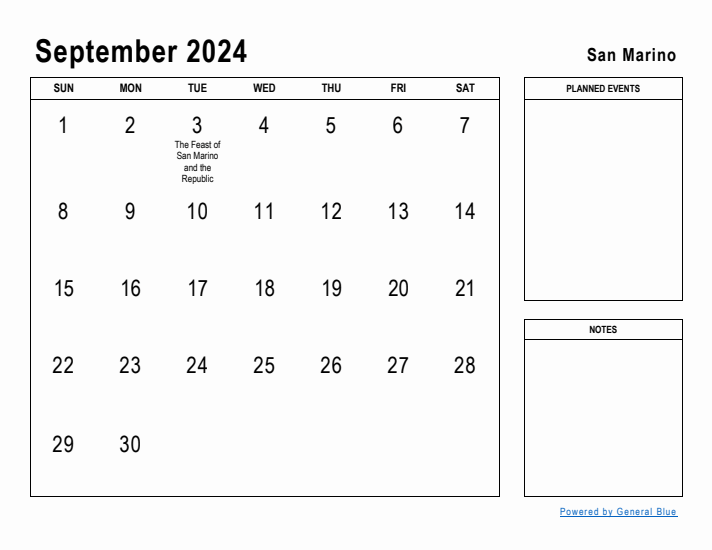 September 2024 Printable Monthly Calendar with San Marino Holidays