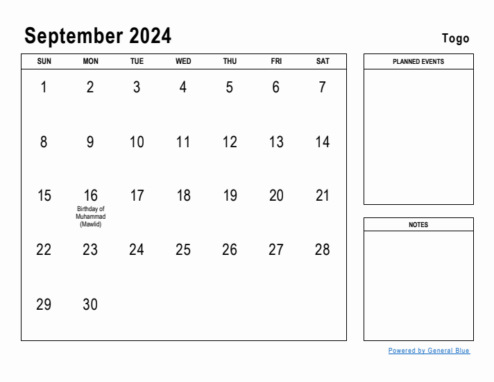 September 2024 Printable Monthly Calendar with Togo Holidays