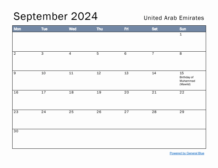 September 2024 Simple Monthly Calendar for United Arab Emirates