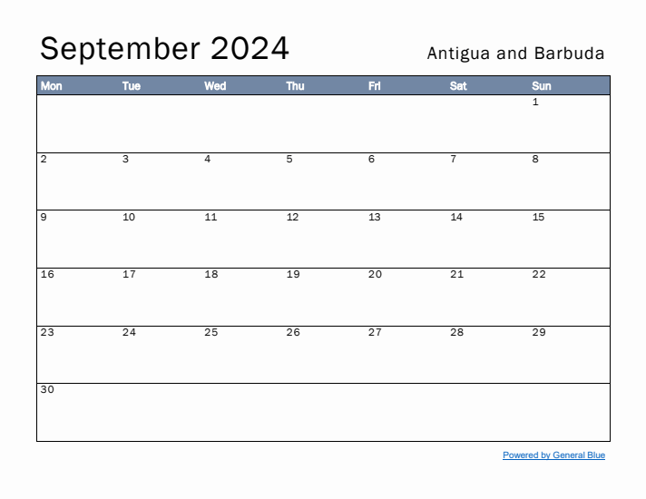 September 2024 Simple Monthly Calendar for Antigua and Barbuda