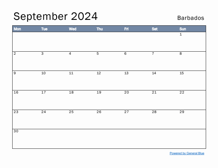 September 2024 Simple Monthly Calendar for Barbados