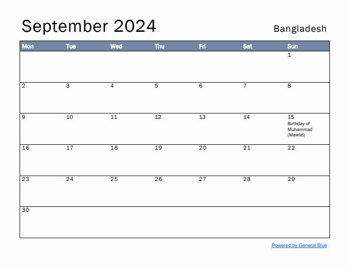 September 2024 Simple Monthly Calendar for Bangladesh