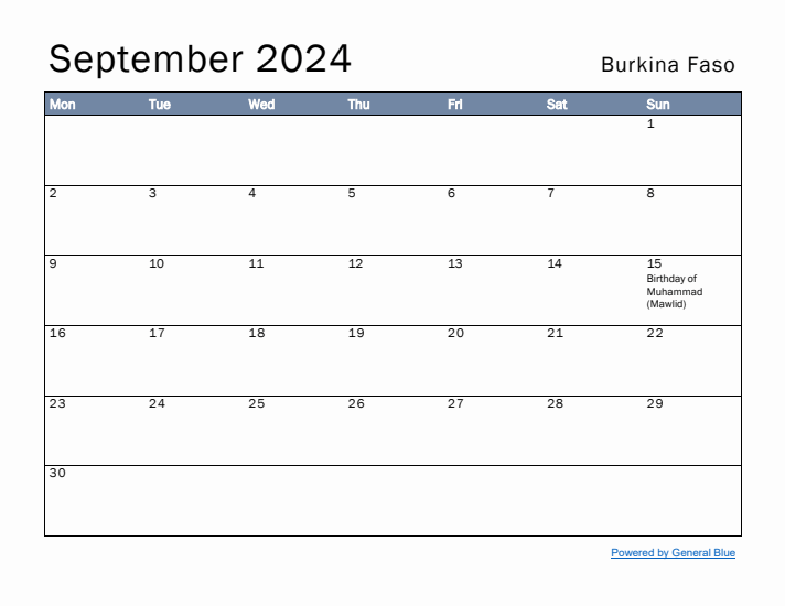 September 2024 Simple Monthly Calendar for Burkina Faso