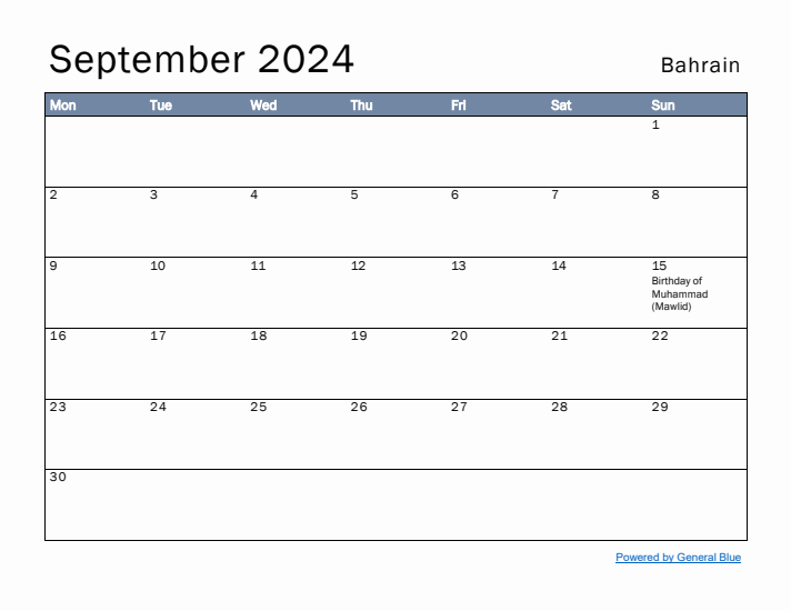 September 2024 Simple Monthly Calendar for Bahrain