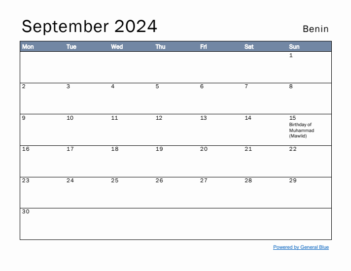 September 2024 Simple Monthly Calendar for Benin