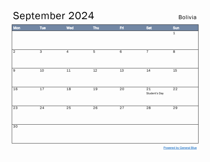 September 2024 Simple Monthly Calendar for Bolivia