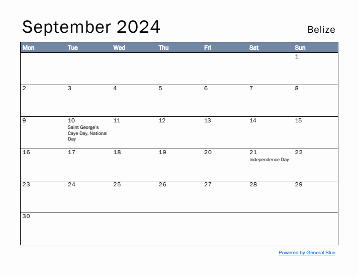 September 2024 Simple Monthly Calendar for Belize