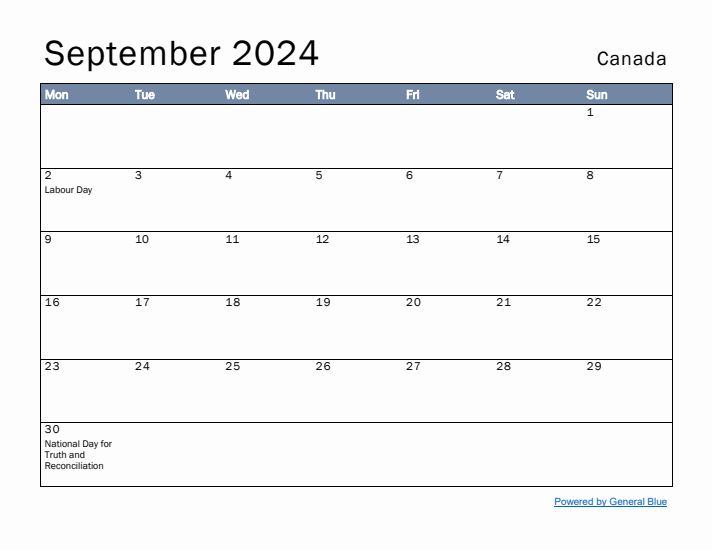 September 2024 Simple Monthly Calendar for Canada