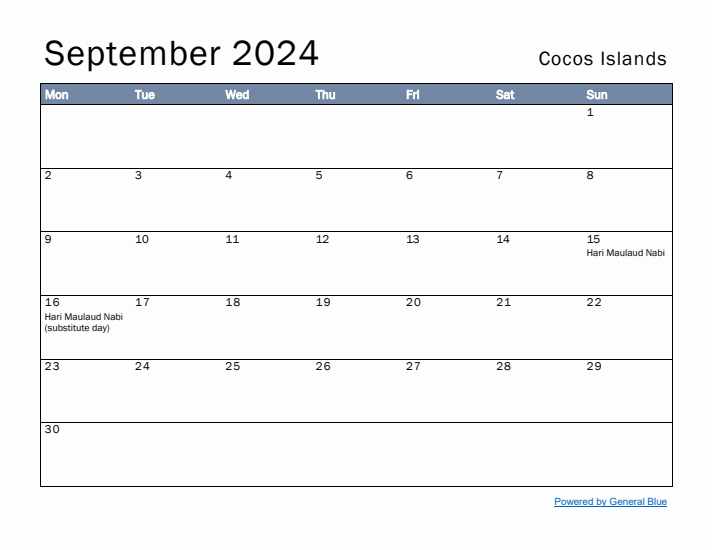 September 2024 Simple Monthly Calendar for Cocos Islands