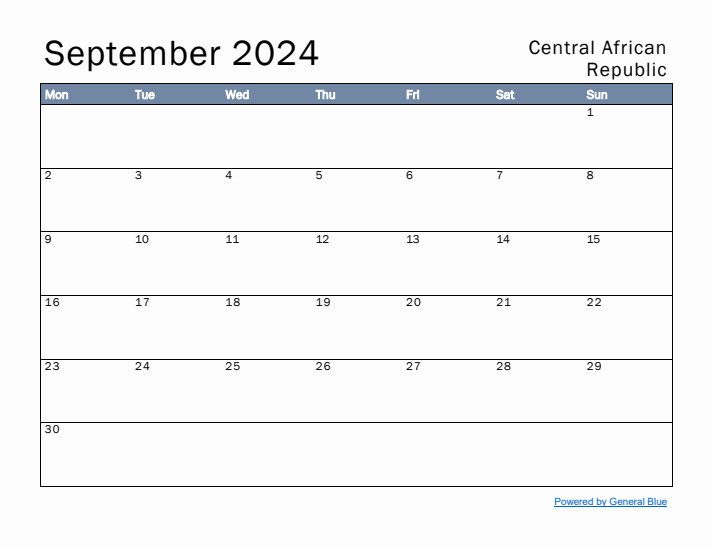 September 2024 Simple Monthly Calendar for Central African Republic