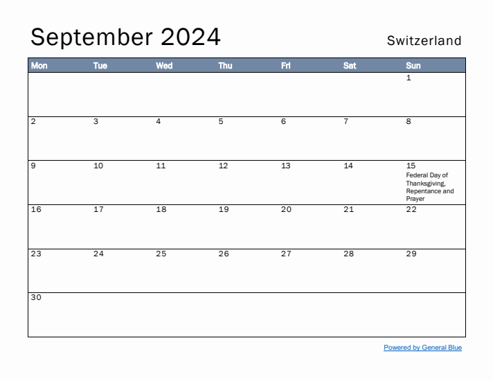 September 2024 Simple Monthly Calendar for Switzerland